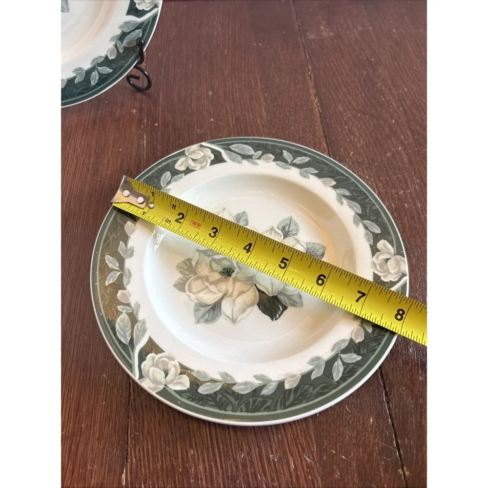 Tienshan Magnolia Belle Stoneware Salad Plates Set of 2 Green White Floral 8.25